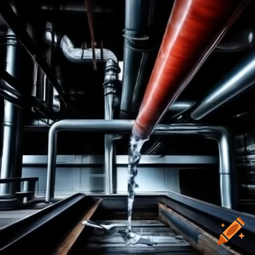 Industrial installation with liquid pouring from broken pipe into floor drain