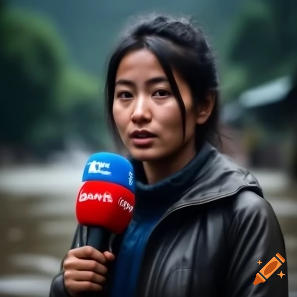 Nepali journalist reporting live during heavy rain and flooding, holding boom microphone