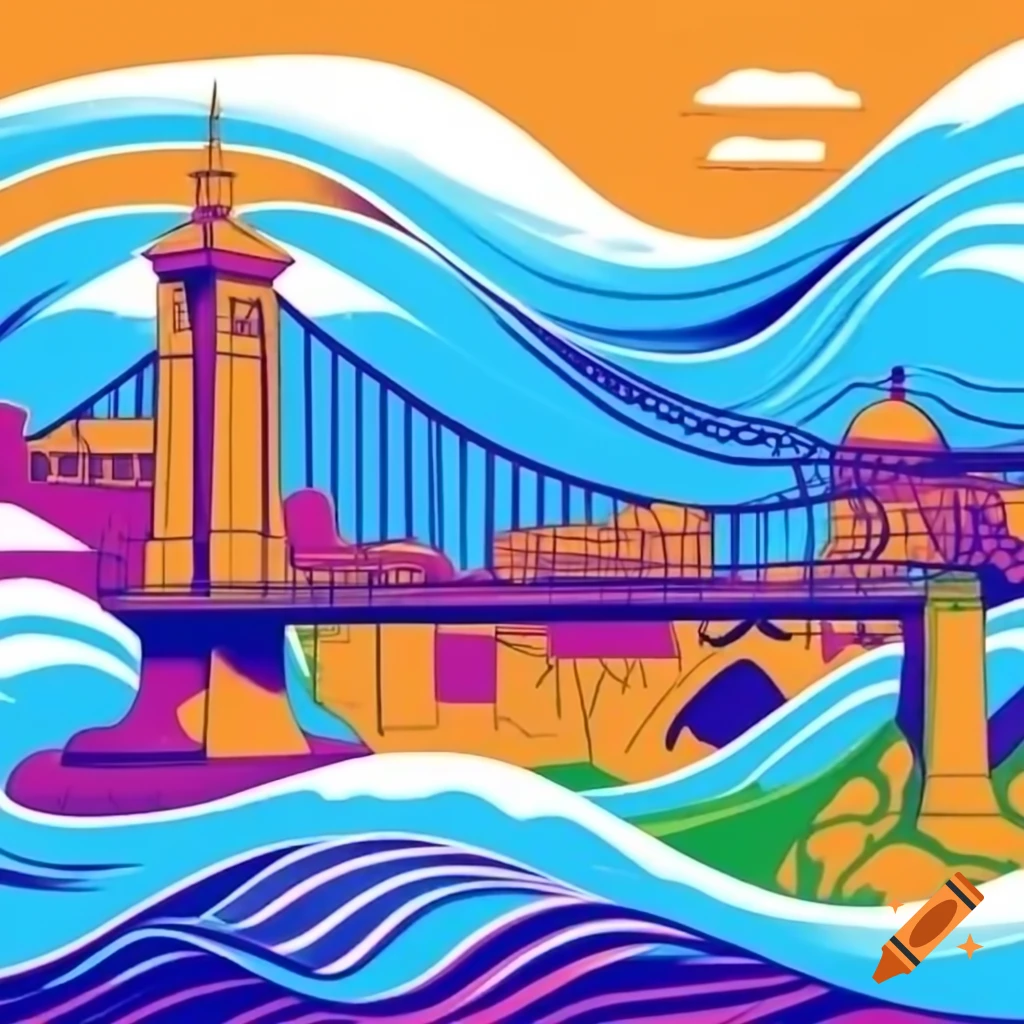 CMYK wave from printer with pop-art monuments of Lyon