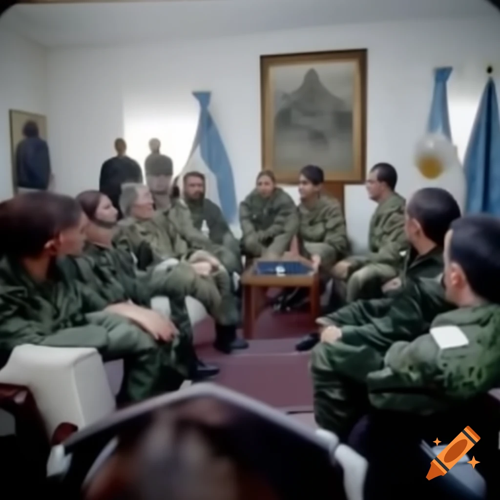 Military planning room in Argentina during CAS82 conflict, featuring 1982 uniforms and large Falkland Islands map