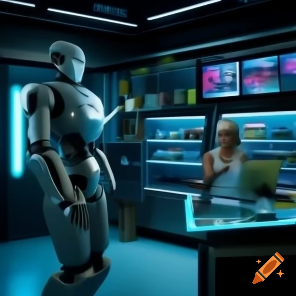 Futuristic robot staff in convenience store with holographic displays and neon lights