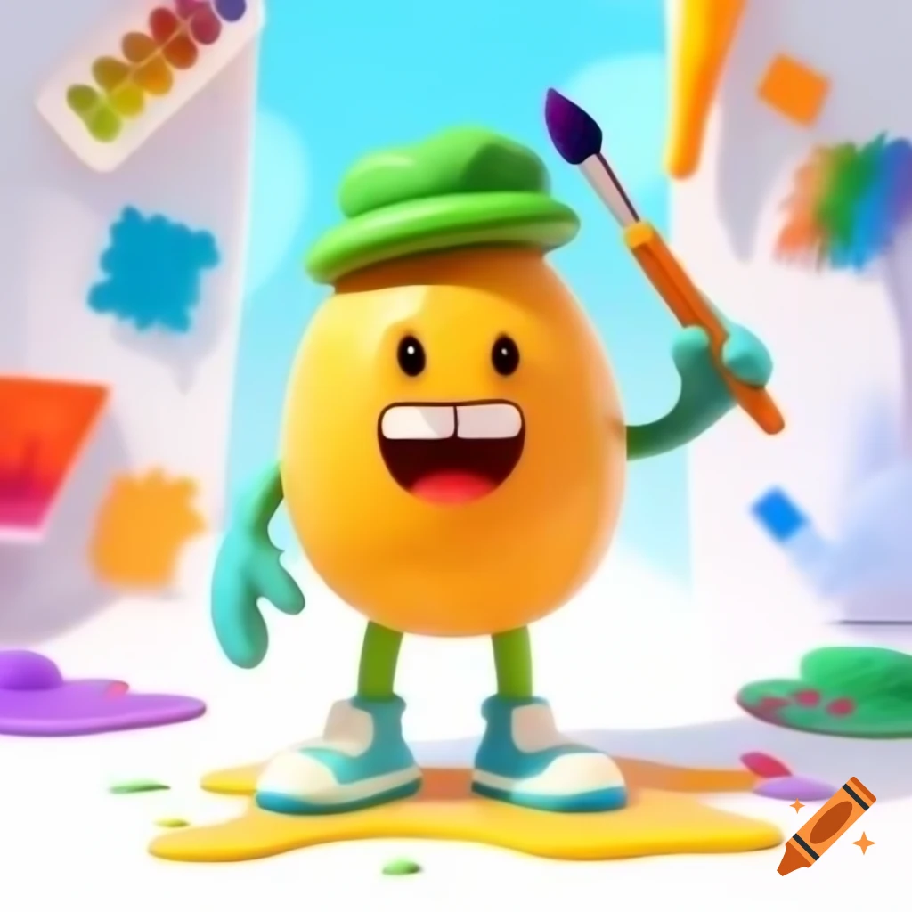 Cartoon melon character in beret joyfully painting on canvas with colorful splashes