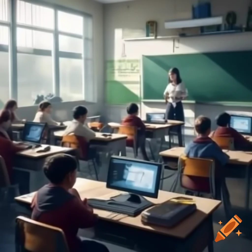 Using Advanced Technology In Lessons Teacher engaging students with advanced technology in a bright ...