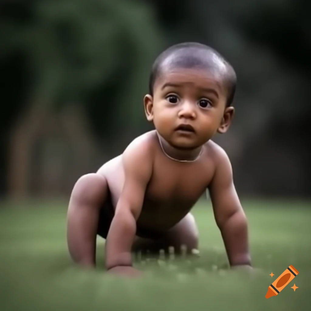 Indian infant playing alone in backyard