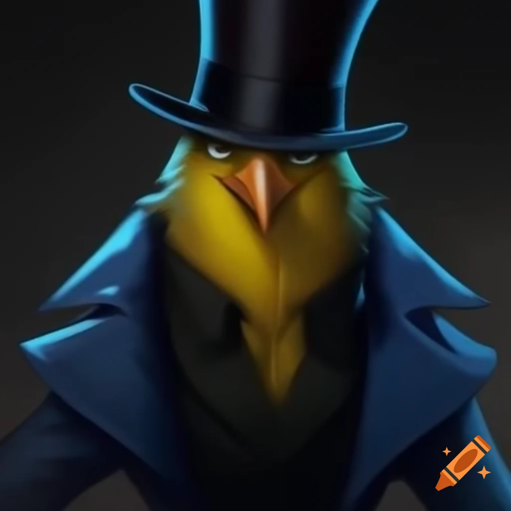 Dapper yellow canary in blue jacket and top hat with a fierce expression
