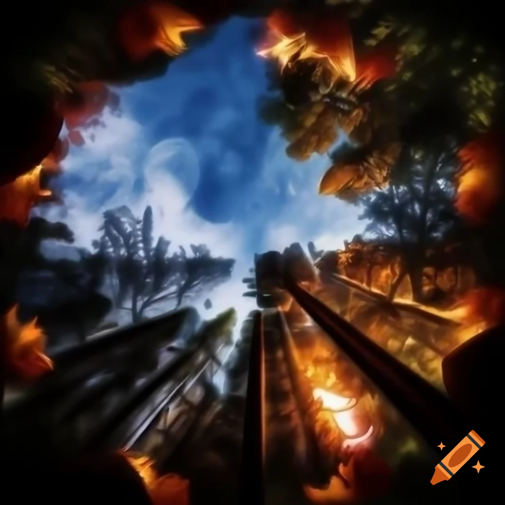 Cinematic view of trees in wooded forest illuminated by firelight