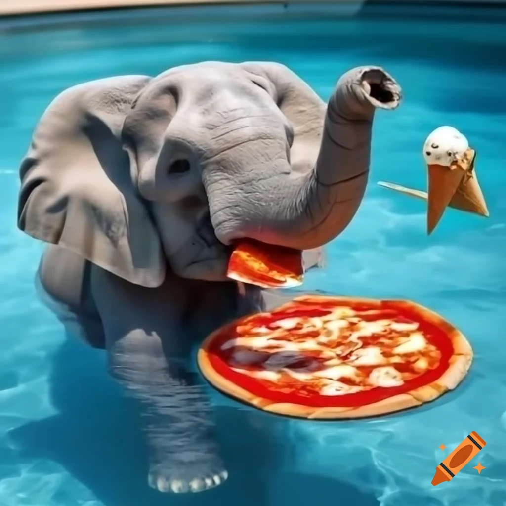 Elephant enjoying pizza and ice cream in a swimming pool on Craiyon