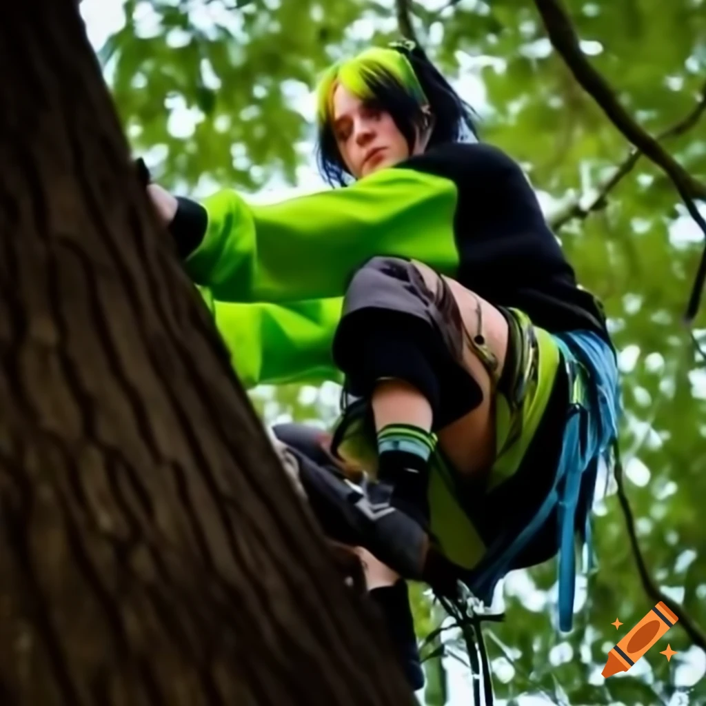 Billie Eilish climbing a tree