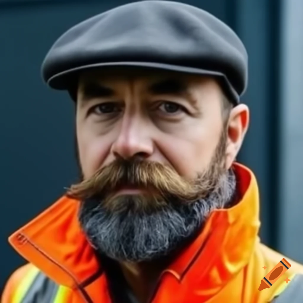 Street worker with black beard wearing flat cap and high visibility jacket and pants
