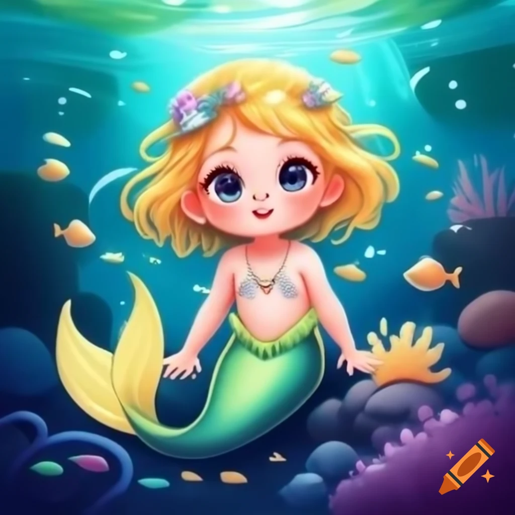 Cute baby mermaid with yellow hair and pearl shells underwater surrounded by bubbles and fish