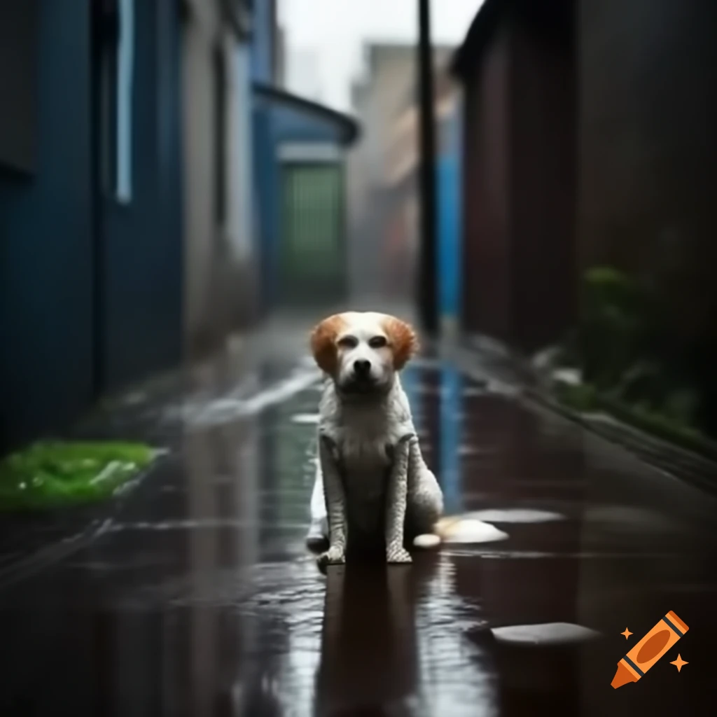 Sad dog in alley during rain