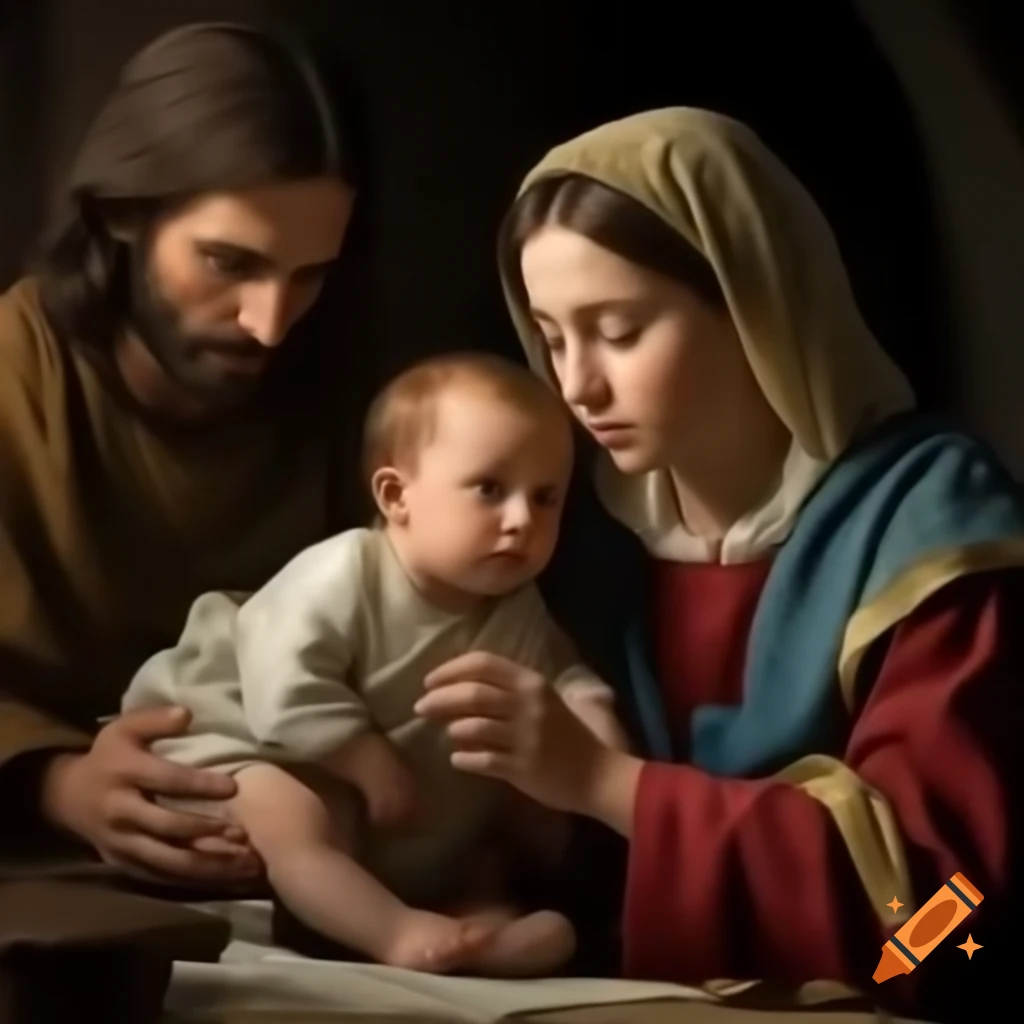 Mother Mary playing with baby Jesus while Joseph works