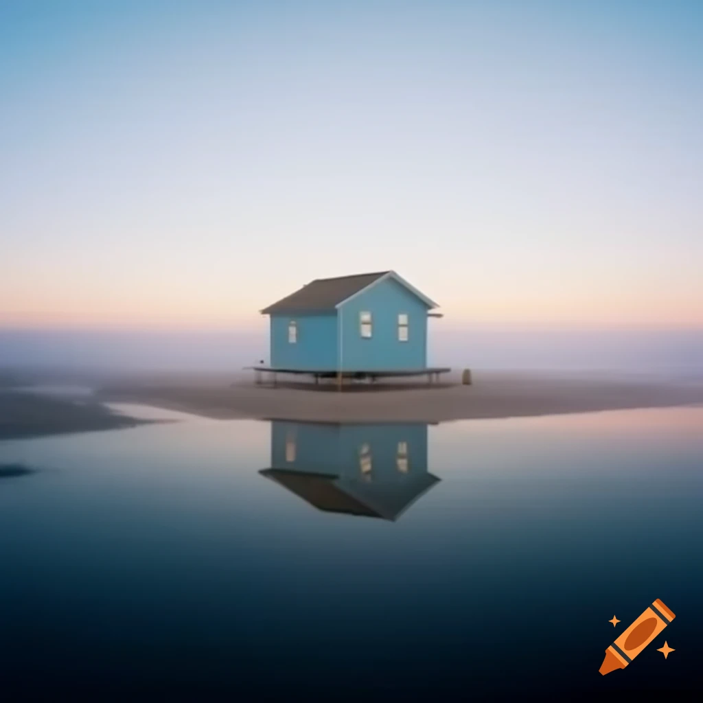 Quiet seaside scene at dawn with wooden cabin and soft morning light