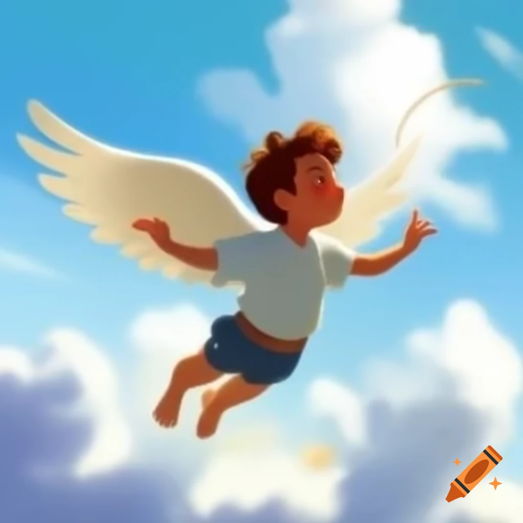 Young angel flying with one hand aiming towards the sky, dressed in shirt and pants
