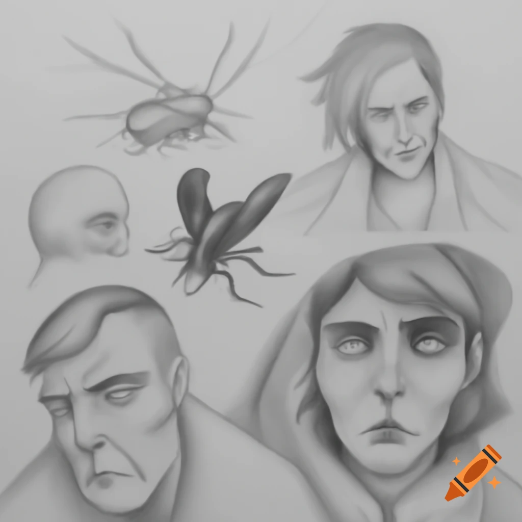 Allegoric pencil drawing of Gregor from Kafka's Metamorphosis transforming into a bug