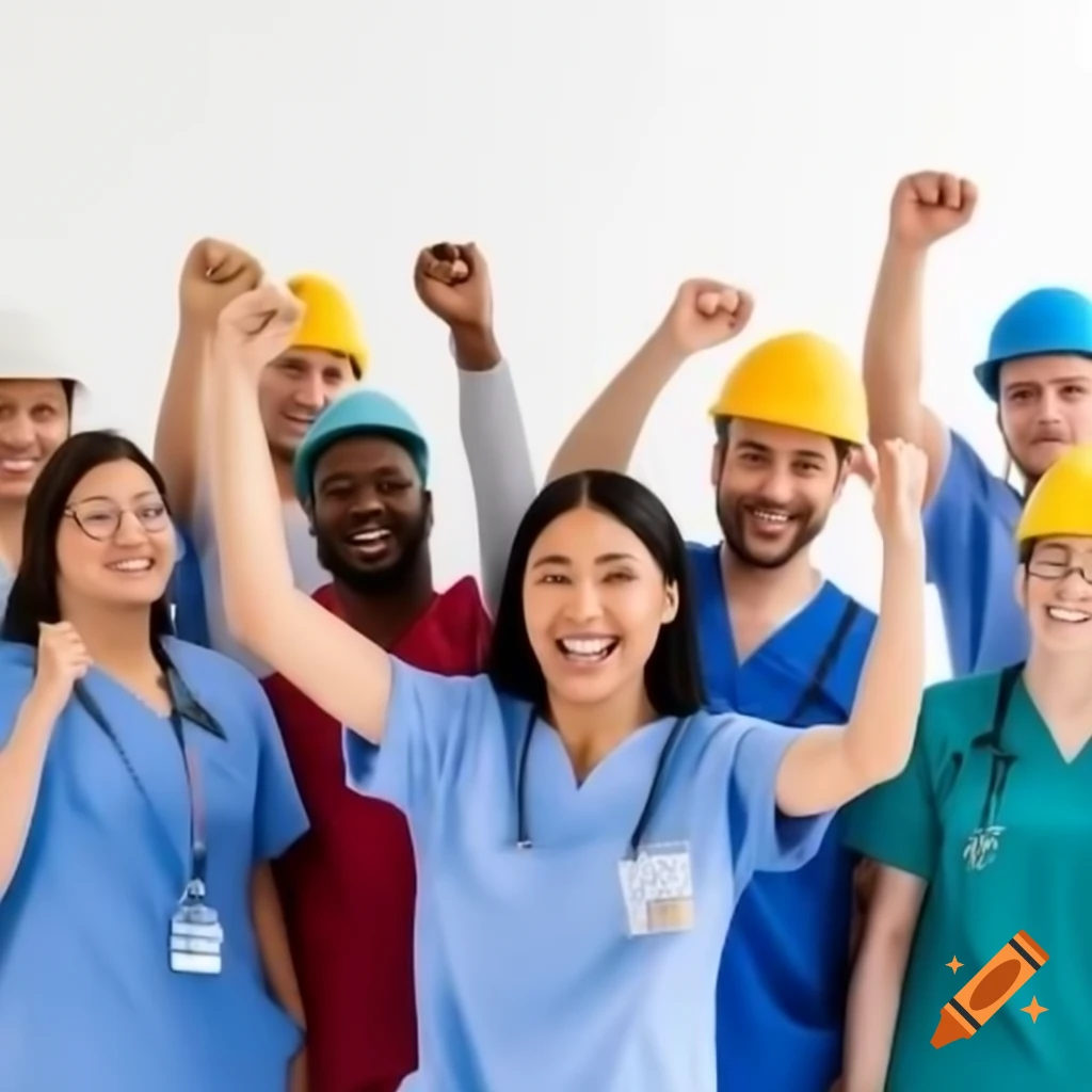 Diverse group of professionals smiling and raising their hands in celebration