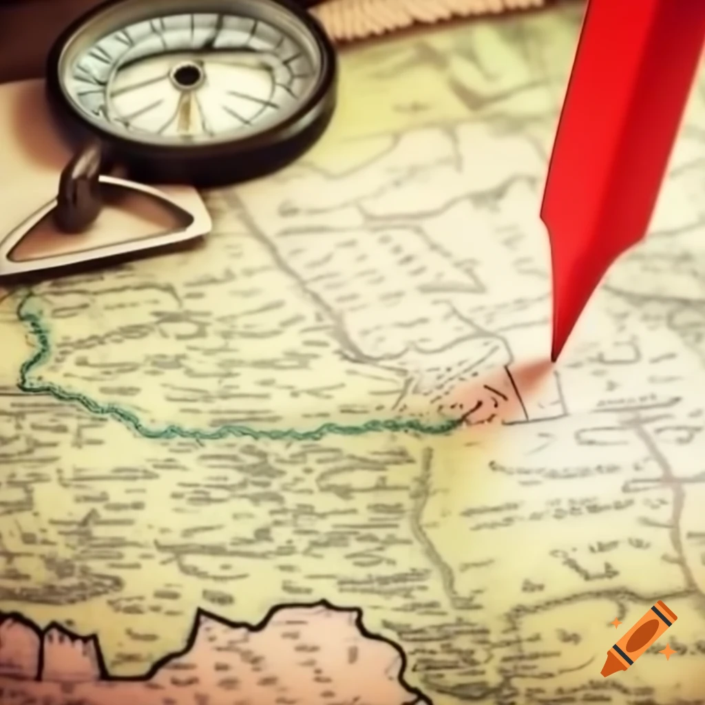 Close-up of vintage Soviet map with red marker on Dyatlov Pass, compass and notepad