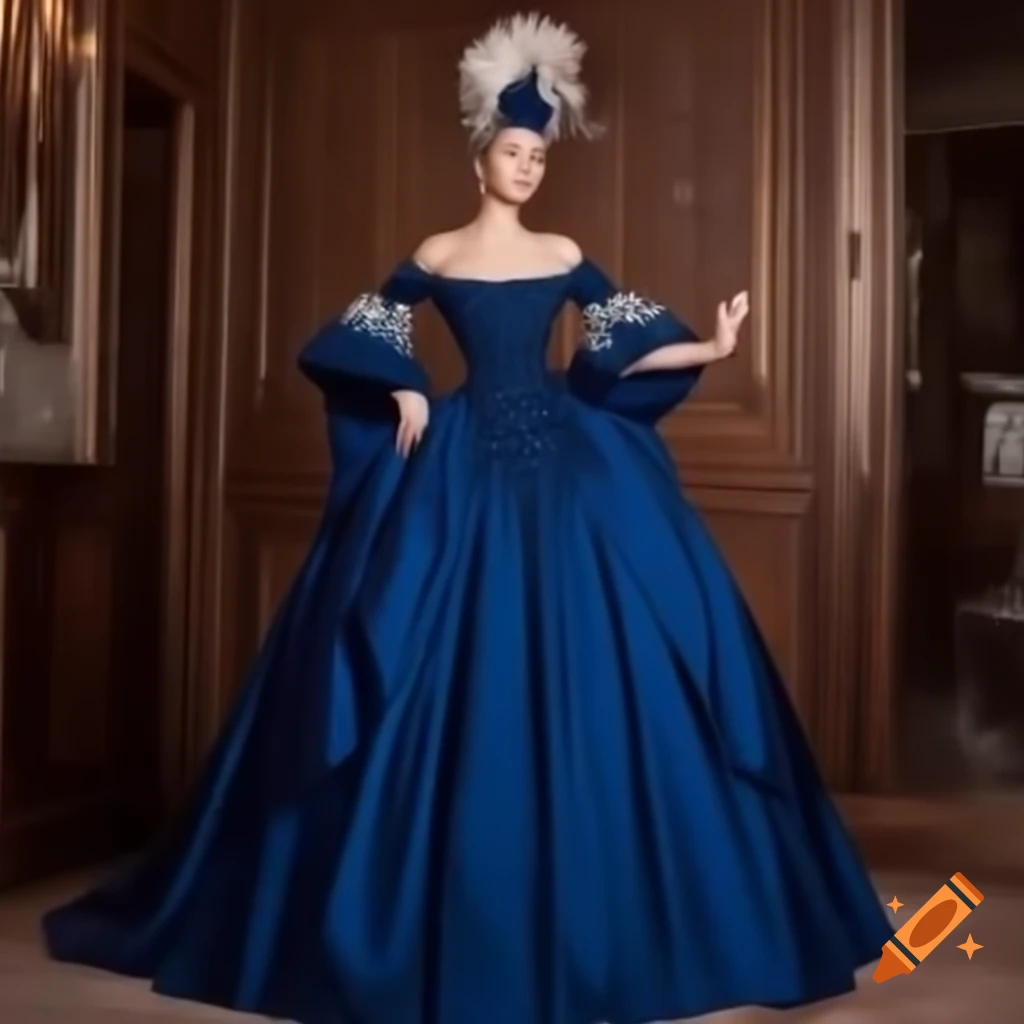 Elegant long dark blue dress with lace and golden details