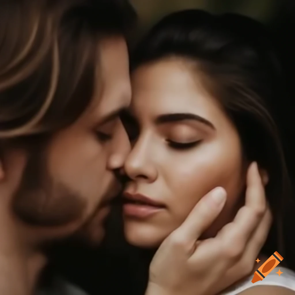 Couple embracing with hands touching and eyes closed, featuring a white woman with long brown hair and a tall blond man