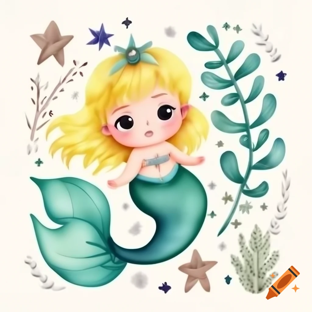 Cute baby mermaid with yellow hair and shell adornments in storybook style