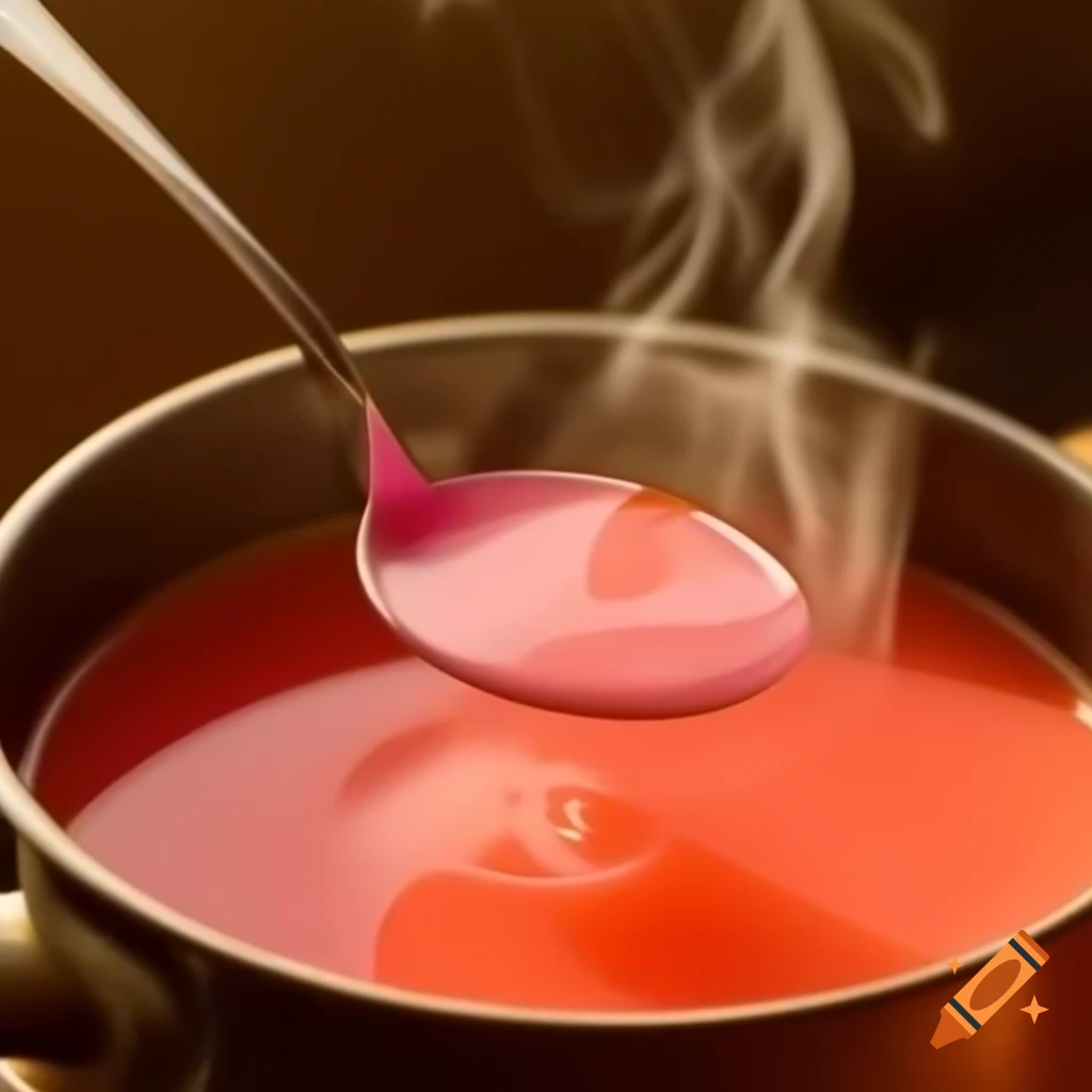 Aromatic pink broth in pot with steam rising in warm kitchen light
