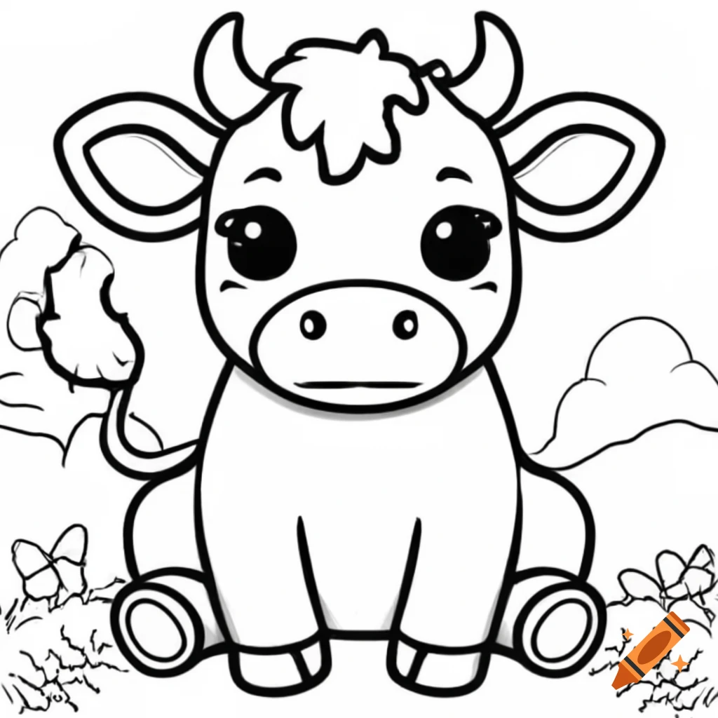 Cute black and white line drawing of a cow for coloring book