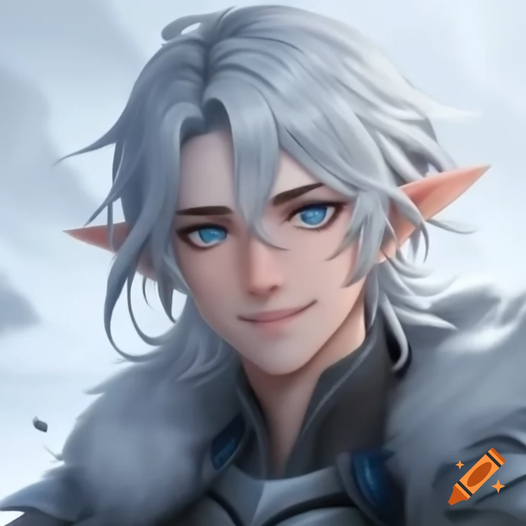 Young man in fantasy knight outfit smiling with blue eyes in snowy landscape