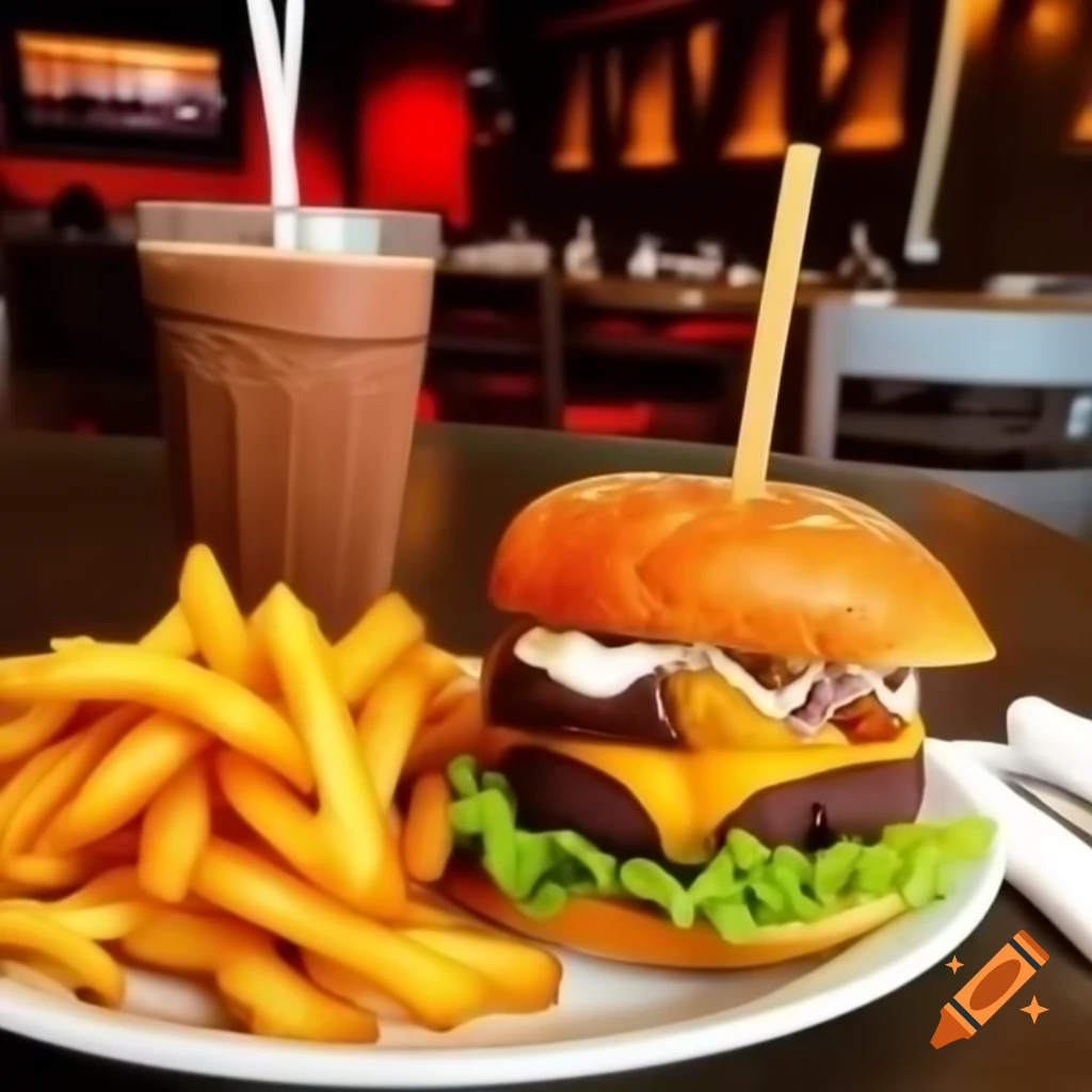Burger with fries and chocolate milkshake on restaurant table