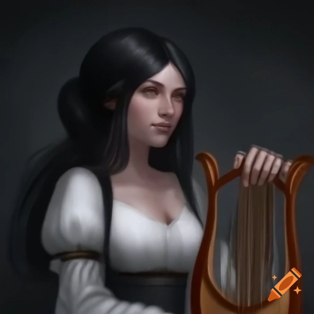 Medieval poetess in white dress with black ponytail holding a lyre