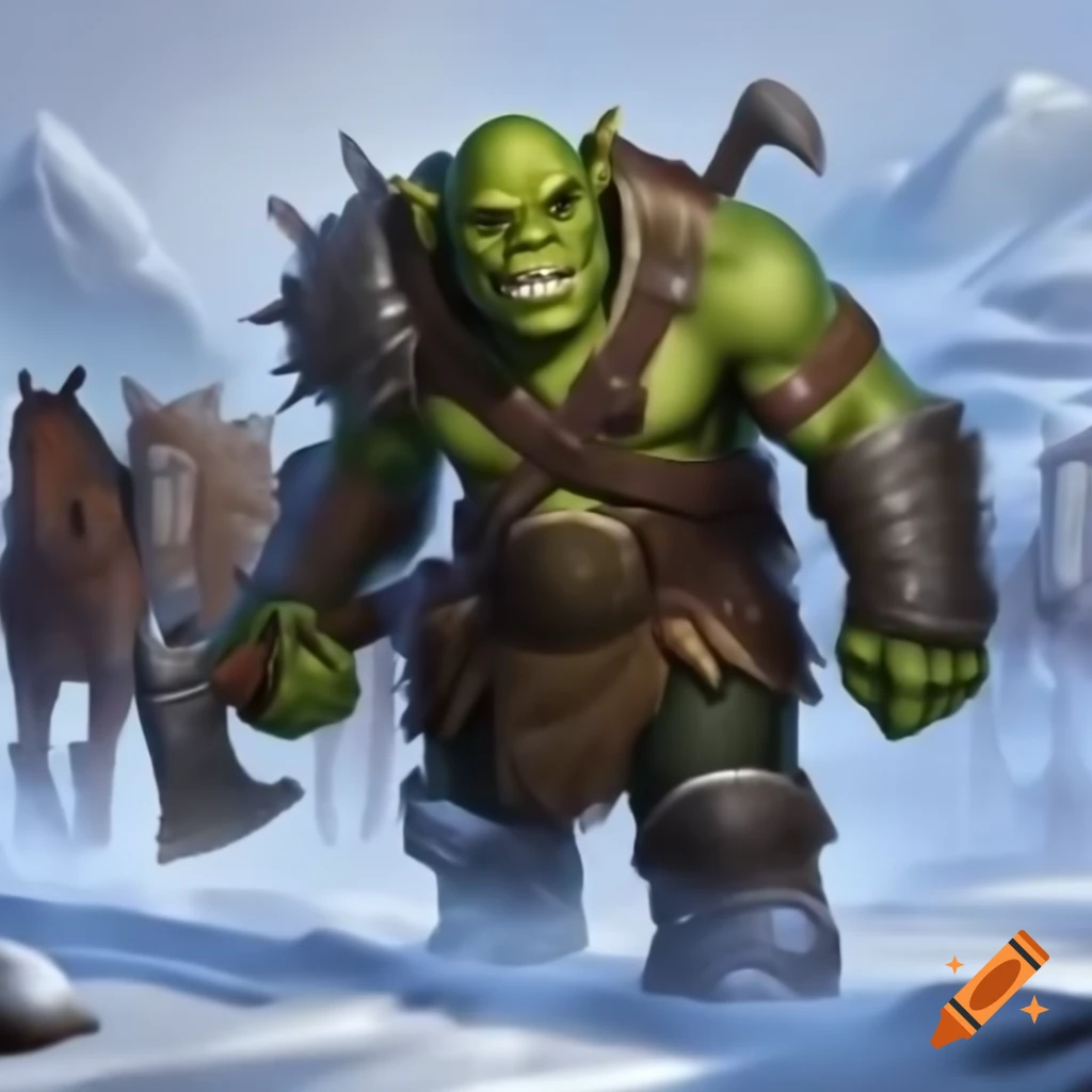Orc in rhino hide armor running in snow towards wagon pulled by horses