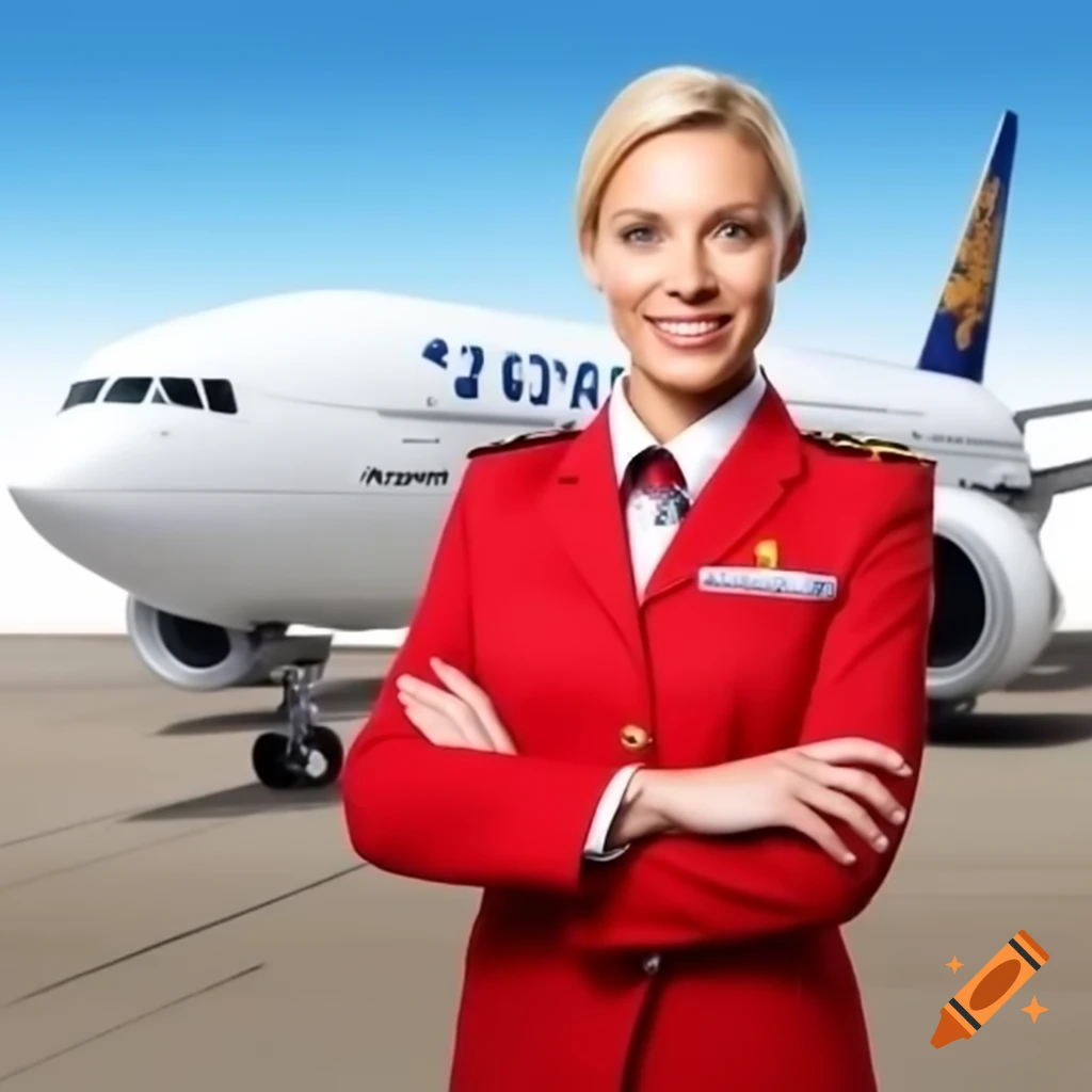 Blonde flight attendant in red uniform smiling by Boeing 777 airplane