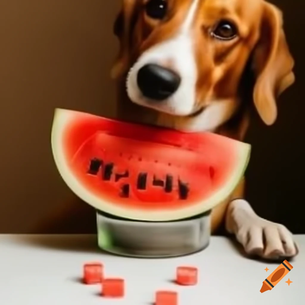 Dog interacting with watermelon in a fun way
