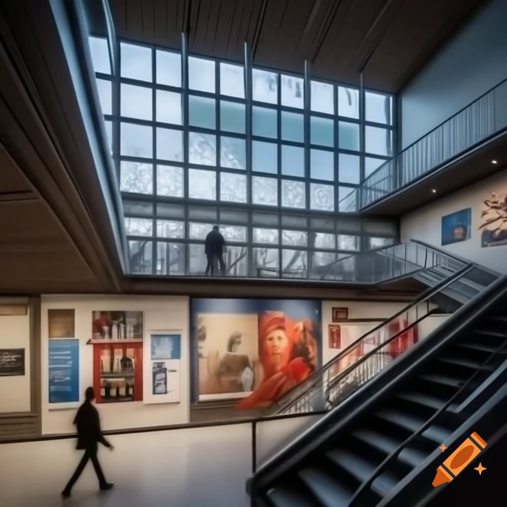 Kunsthalle Bergen with large windows displaying artist Sajan Man's work and ship model SMS Emden