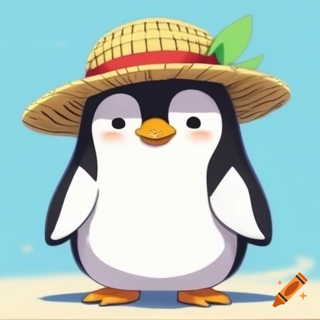 Cute female penguin wearing a straw hat in anime style
