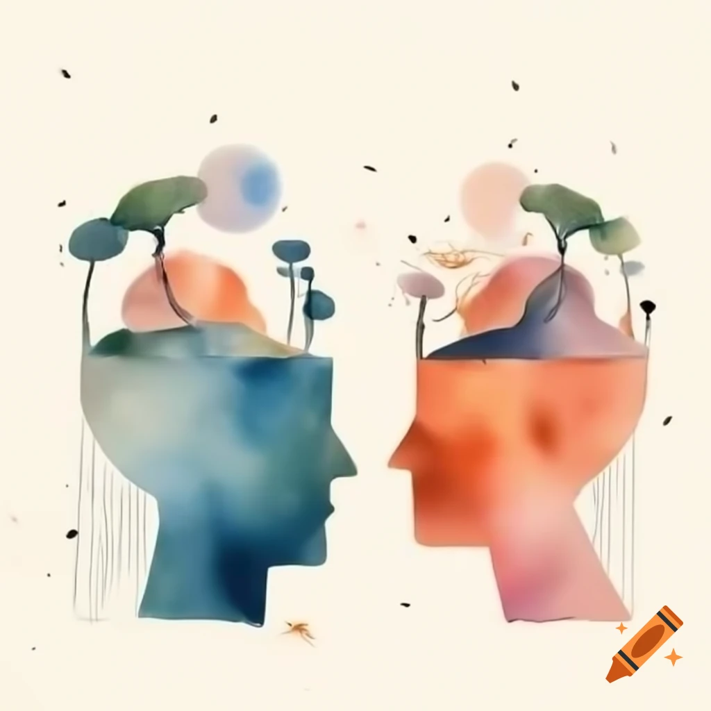 Abstract watercolor depiction of two interacting brains in landscape format