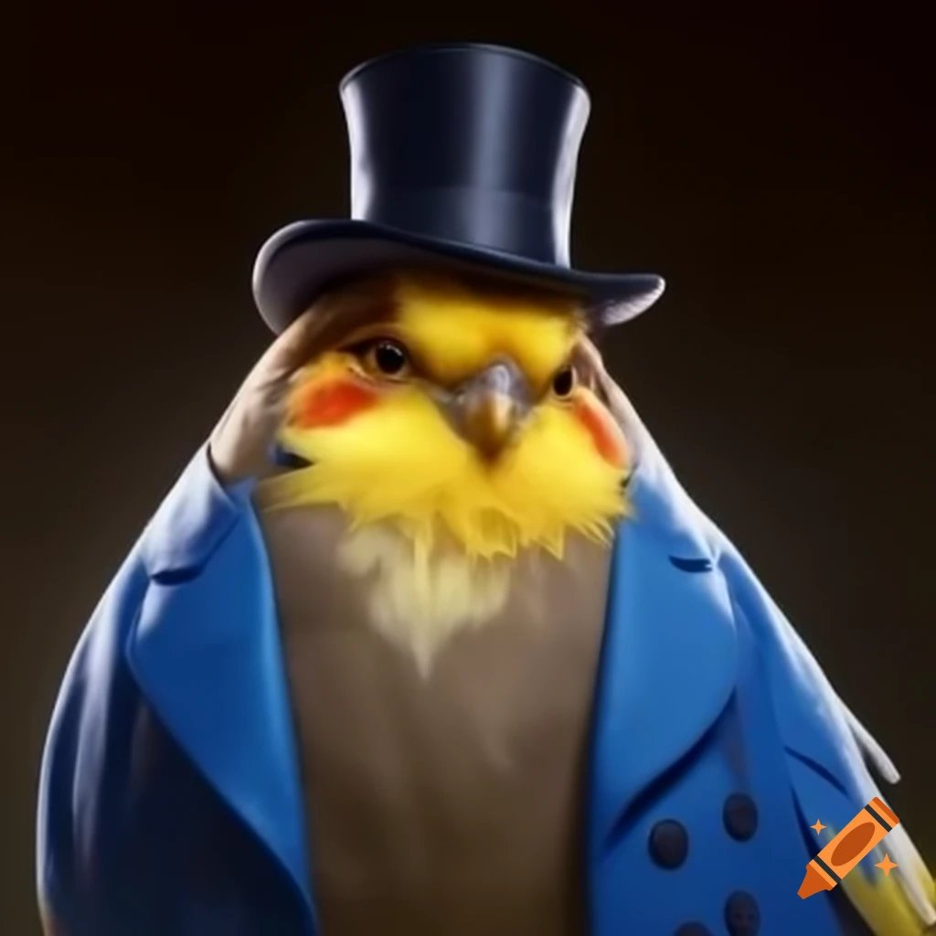 Canary wearing a blue jacket and top hat