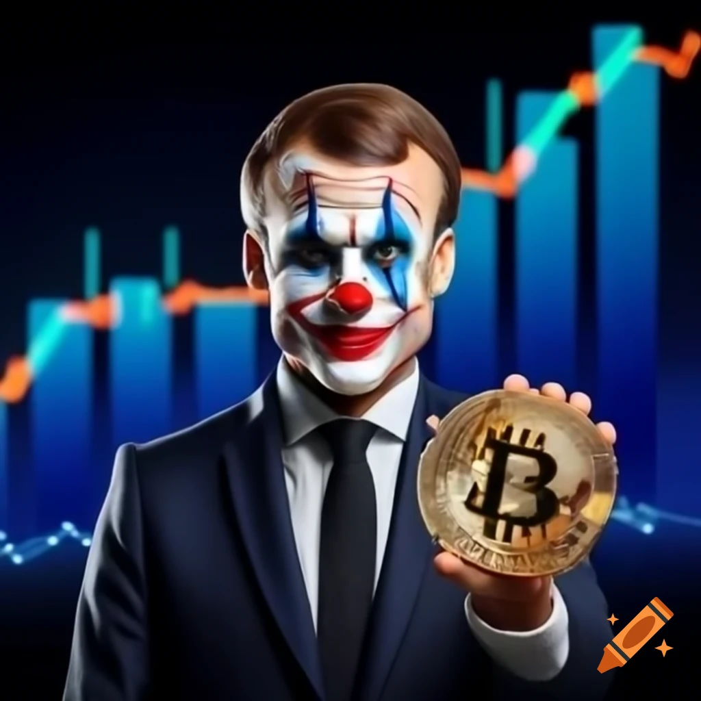 Satirical depiction of French President Macron as a clown with rising  Bitcoin chart on Craiyon