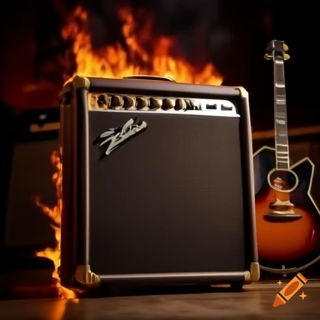 Wide dark brown guitar amplifier with gold trim and lion logo