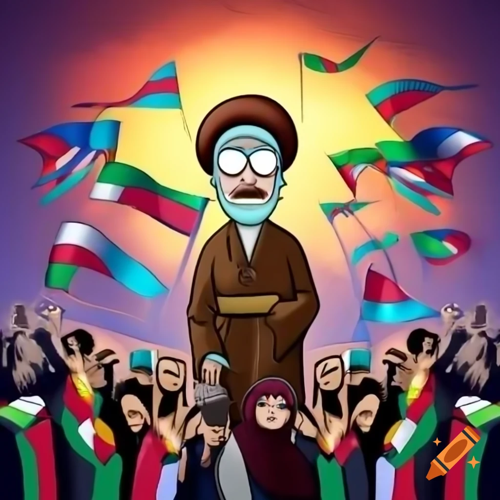 Cartoon of religious leader with crowds and flags in Rick and Morty style