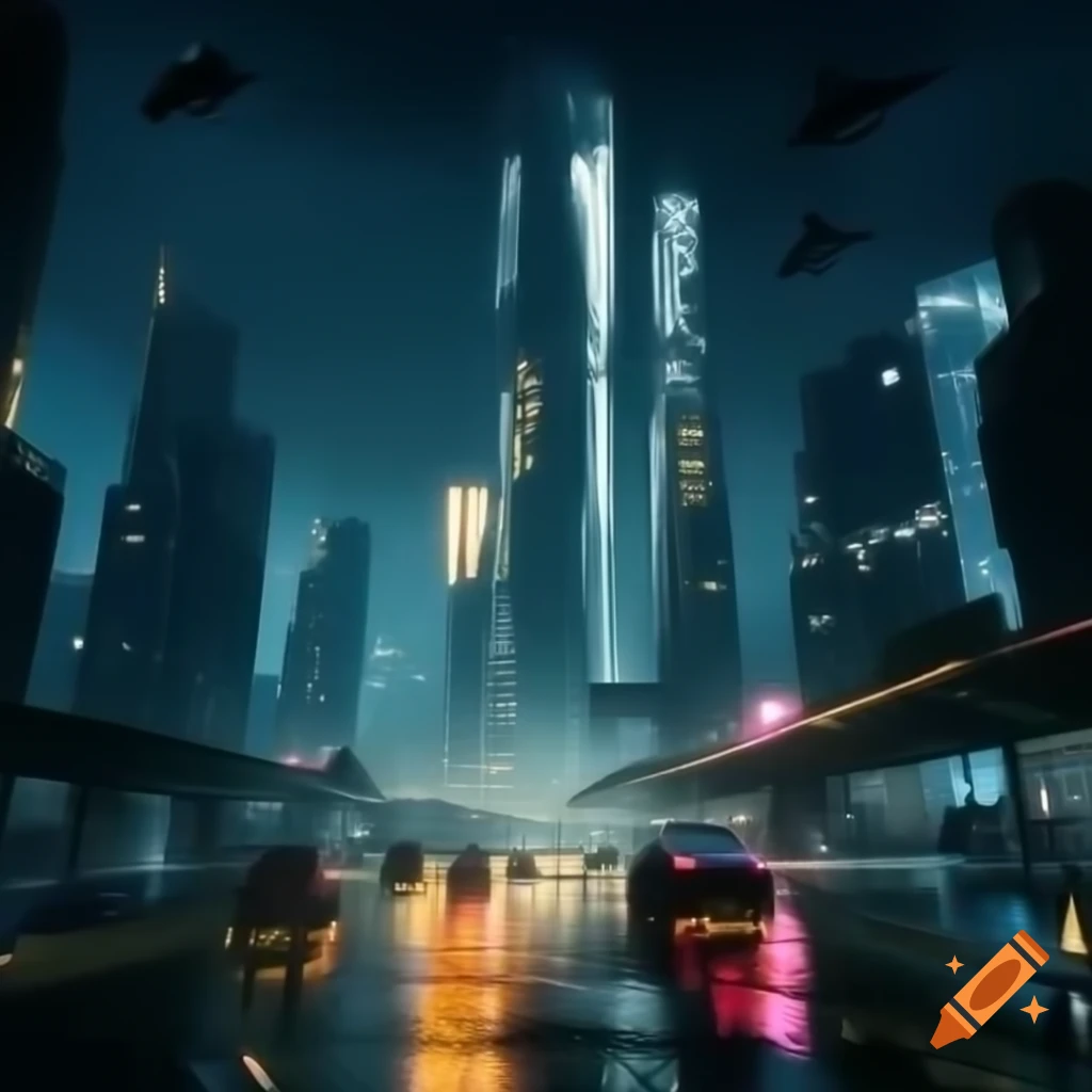 Futuristic sci-fi city at night with glowing neon lights and flying ...