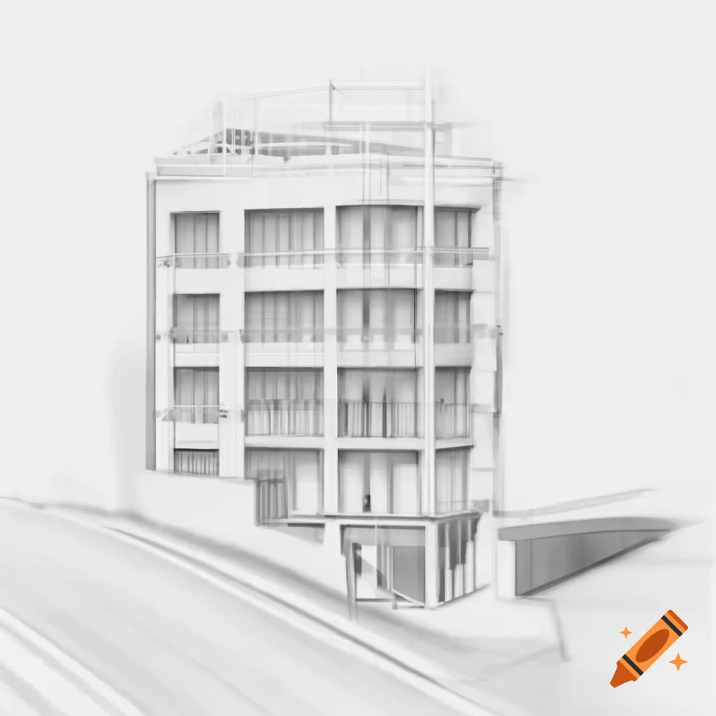 Pencil sketch of commercial building on L-shaped plot with underground parking