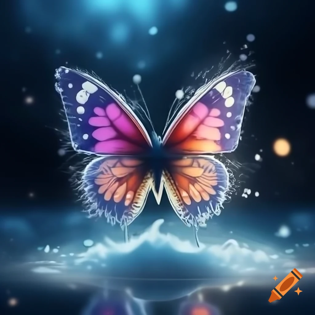 Vibrant butterfly trapped under misted glass dome with gentle warm light