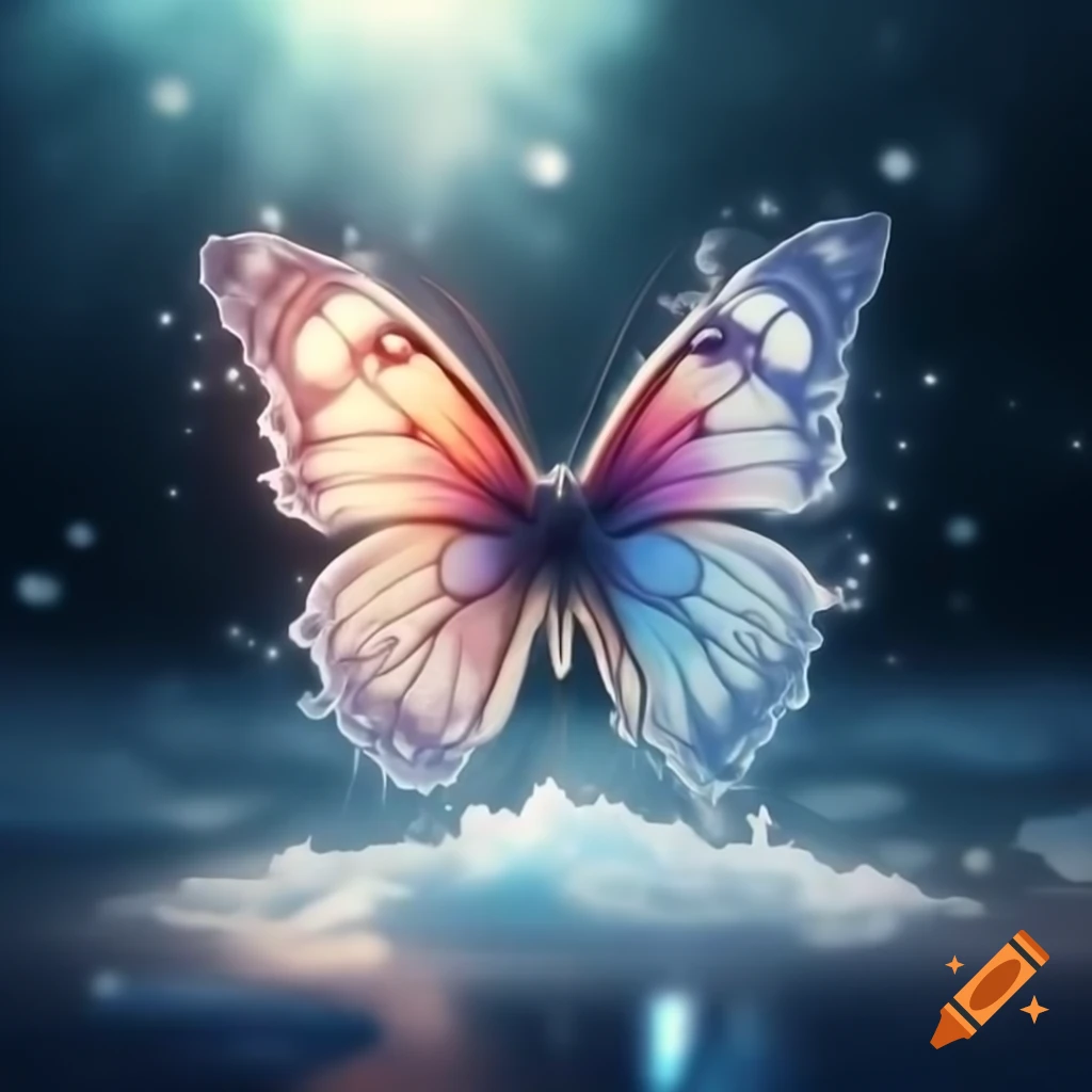 Vibrant butterfly trapped under misted glass dome with gentle warm light