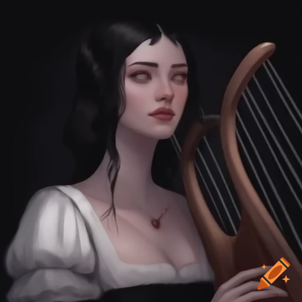 Medieval poetess in white dress with lyre, black hair in ponytail