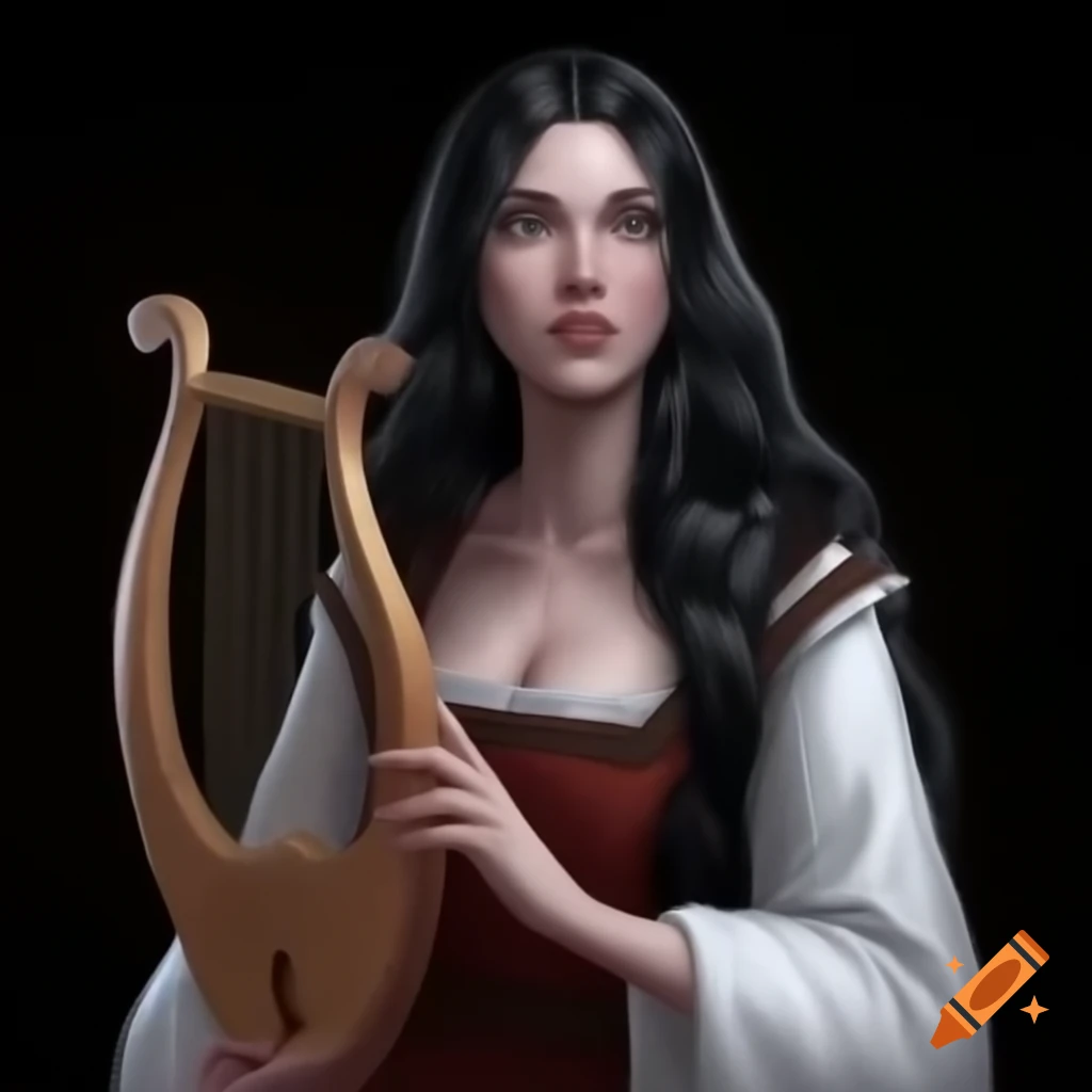 Medieval poetess in white dress with lyre, portraying strength and pacifism