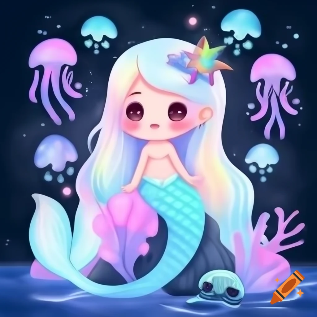 Pastel kawaii mermaid with rainbow hair sitting on moonlit rock surrounded by glowing jellyfish