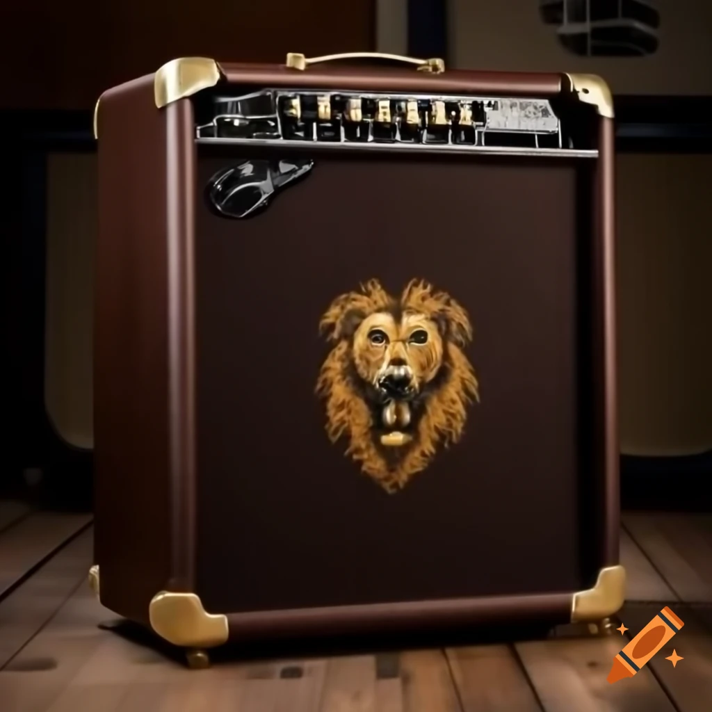 Dark-brown guitar amplifier with gold trim and lion logo