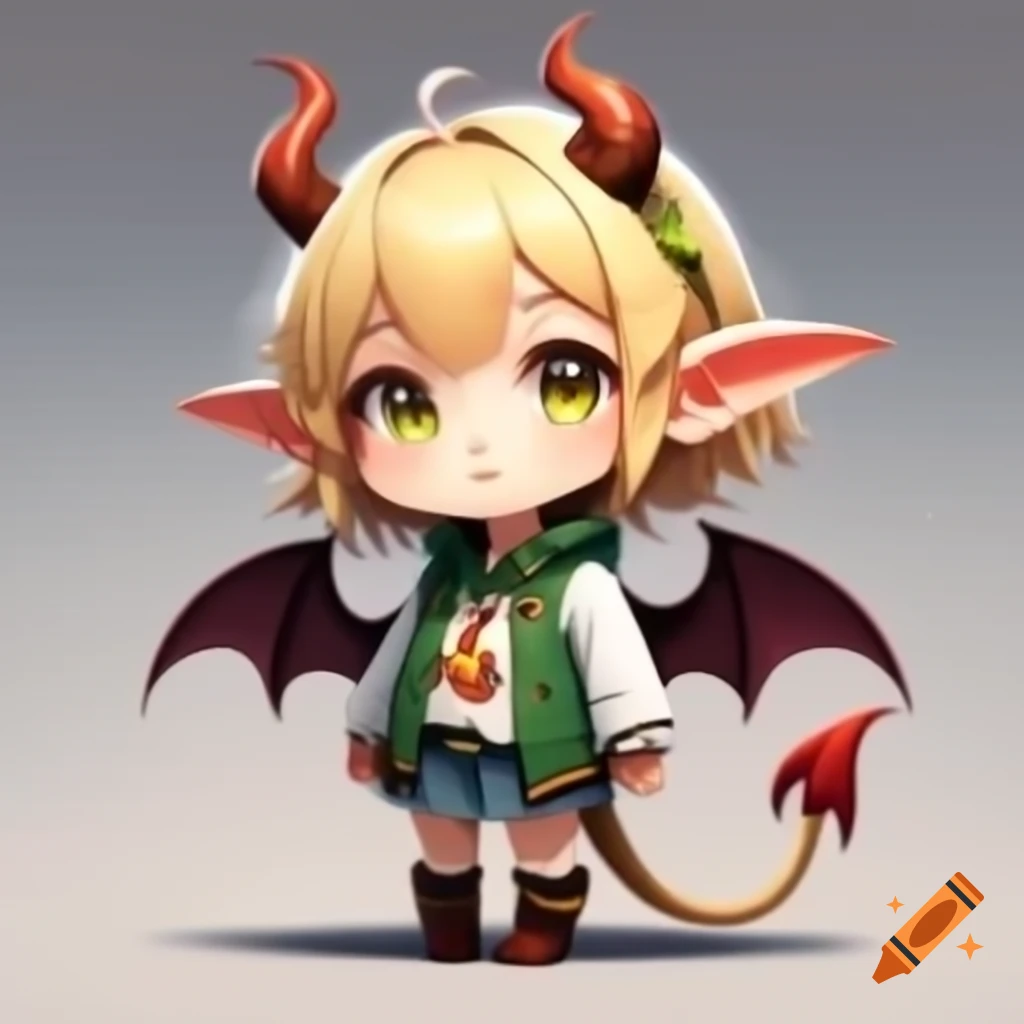Cute blonde anime girl with elf ears, horns, bat wings, and demon tail ...