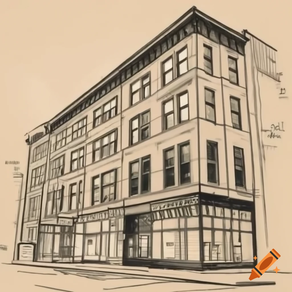 Sketch of brick building with numbered windows, side view on Craiyon