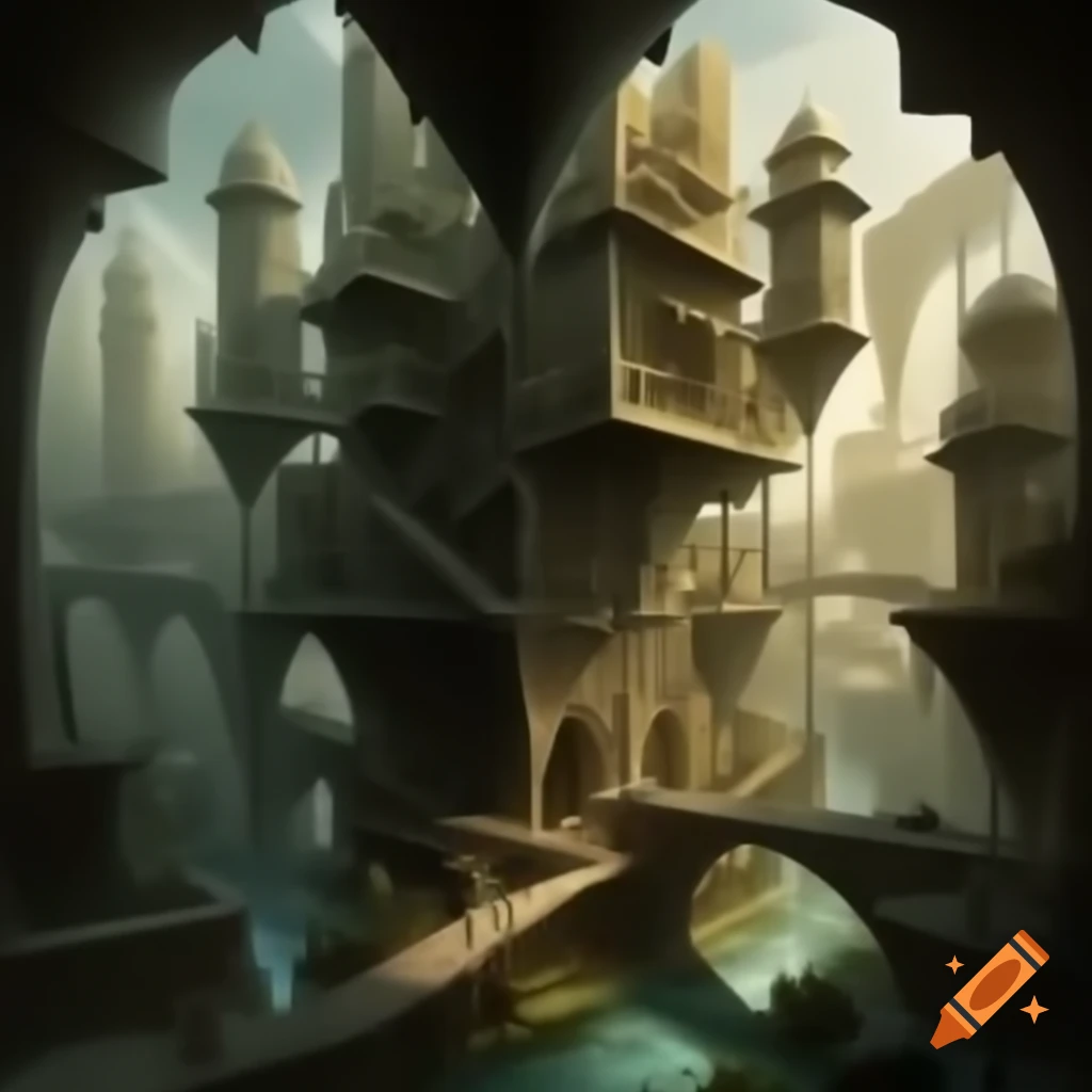 Fantasy buildings floating above Arabic city, connected by bridges in ...